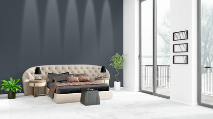 Brand new white loft bedroom minimal style interior design with copyspace wall and view out of window. 3D Rendering.