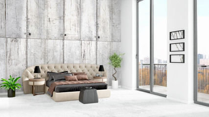 Brand new white loft bedroom minimal style interior design with copyspace wall and view out of window. 3D Rendering.