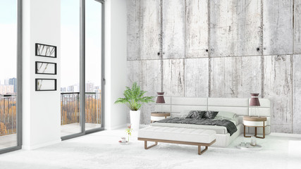 Brand new white loft bedroom minimal style interior design with copyspace wall and view out of window. 3D Rendering.