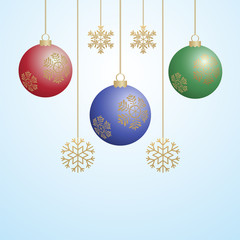 Hanging balls and golden snowflakes. Great for postcards, banners, flyers, headlines. Vector illustration.