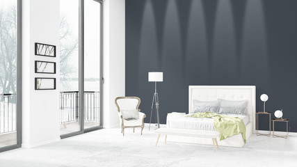 Brand new white loft bedroom minimal style interior design with copyspace wall and view out of window. 3D Rendering.
