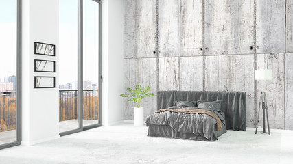 Brand new white loft bedroom minimal style interior design with copyspace wall and view out of window. 3D Rendering.