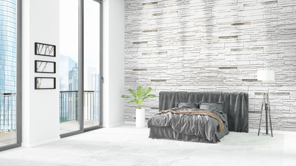 Brand new white loft bedroom minimal style interior design with copyspace wall and view out of window. 3D Rendering.