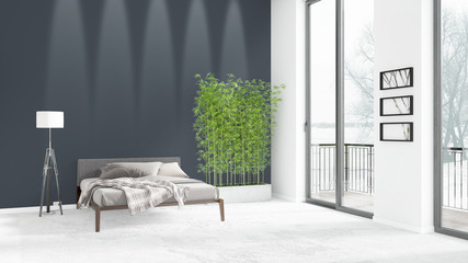 Brand new white loft bedroom minimal style interior design with copyspace wall and view out of window. 3D Rendering.