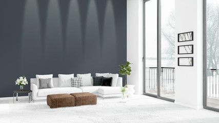 Brand new white loft bedroom minimal style interior design with copyspace wall and view out of window. 3D Rendering.