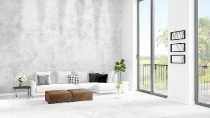 Brand new white loft bedroom minimal style interior design with copyspace wall and view out of window. 3D Rendering.