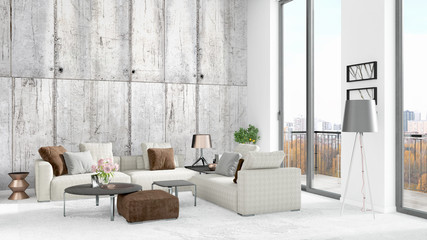 Brand new white loft bedroom minimal style interior design with copyspace wall and view out of window. 3D Rendering.