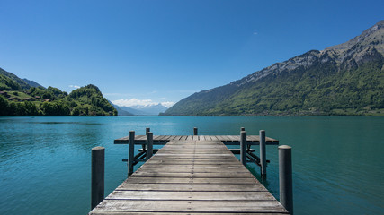 Pier into the lake Brienzersee in Iseltwald Switzerland