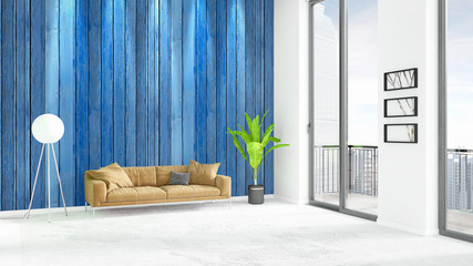 Brand new white loft bedroom minimal style interior design with copyspace wall and view out of window. 3D Rendering.