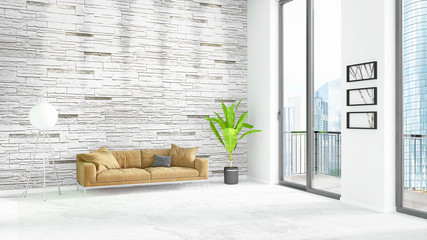 Brand new white loft bedroom minimal style interior design with copyspace wall and view out of window. 3D Rendering.