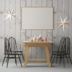 Christmas mockup with a poster on the background of a dinner table.3D rendering