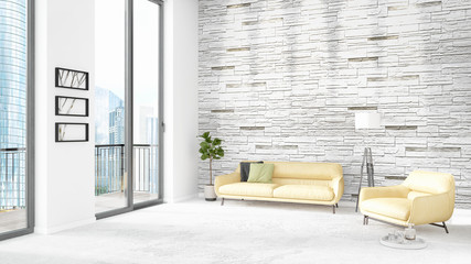 Brand new white loft bedroom minimal style interior design with copyspace wall and view out of window. 3D Rendering.
