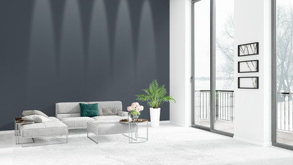 Brand new white loft bedroom minimal style interior design with copyspace wall and view out of window. 3D Rendering.