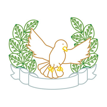 emblem with peace dove and wreath of leaves icon over white background vector illustration
