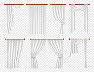 Vector realistic white window curtains and drapes set. - obrazy, fototapety, plakaty