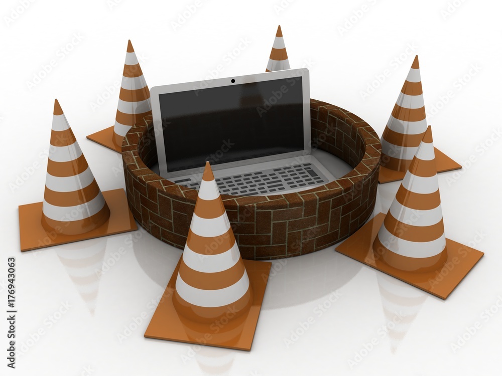 Poster 3d rendering traffic cone network with laptop