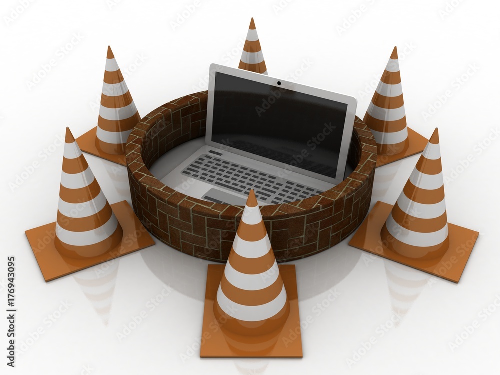 Aufkleber 3d rendering traffic cone network with laptop