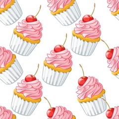 Hand drawn cartoon cherry cupcake sketch repeating pattern, colorful seamless background. Vector food dessert design.