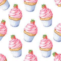Hand drawn watercolor pink strawberry cupcake repeating pattern, colorful seamless background. Food dessert design.