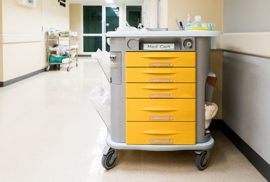 Medical Cart In Empty Corridaor At Hospital