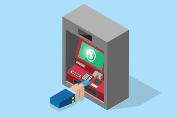 isometric business hand inserting credit card into ATM machine, technology and business concept