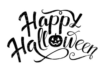 Happy Halloween vector lettering design with pumpkin. Holiday calligraphy for poster, banner, greeting card, invitation. Vector Halloween illustration.