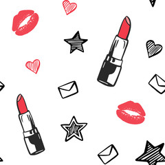 Vector red and black fashion seamless pattern. Hand drawn fashion illustration with lipstick, lips, stars and others. Beauty illustration.
