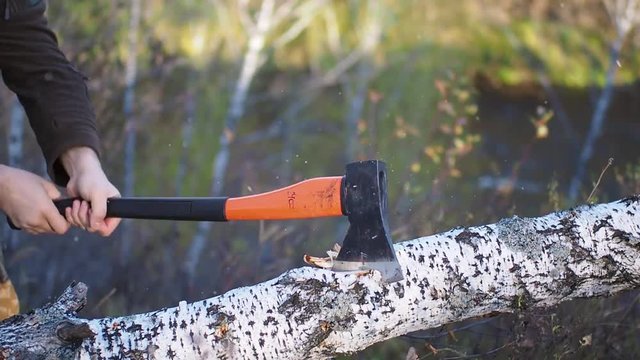 Detail of lumber jack chopping firewood with an axe for winter time. Close up of woodcutter splits wood, rural scene. Preparation logs for cold wintertime in high definition