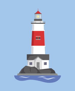 The image of the lighthouse on the mountain. Vector illustration.