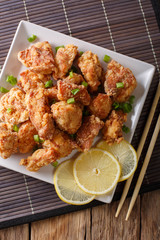 karaage -  Japanese style fried chicken closeup. Vertical top view