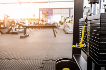 Gym fitness training closeup object is rusty weight stack.