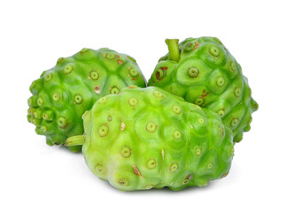 three whole of noni fruit isolated on white background