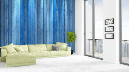 Brand new white loft bedroom minimal style interior design with copyspace wall and view out of window. 3D Rendering.