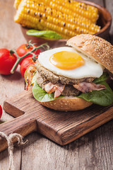 Homemmade Bacon Hamburger with fried Egg