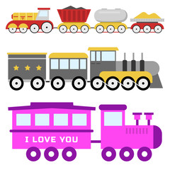 Cartoon toy train vector railroad and cartoon carriage game fun leisure joy gift locomotive transportation.