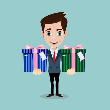 Happy man and gift box with bow. Stock flat vector illustration.