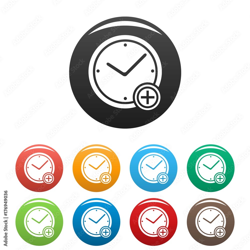 Poster time plus icons set vector simple