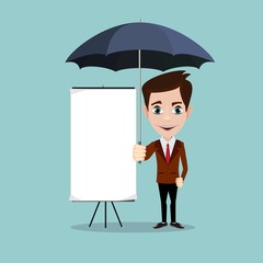 Young men with a poster and umbrella. Stock flat vector illustration.