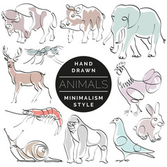 Set of animals in hand drawn minimalism style. Continuous line drawing vector illustration.