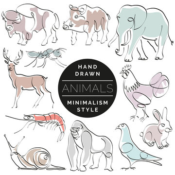 Set of animals in hand drawn minimalism style. Continuous line drawing vector illustration.