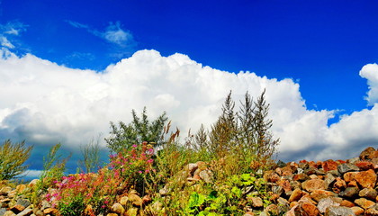 Panoramic view of boulders and clouds