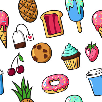 Seamless pattern of cute colorful patch badges and pins with food, fun cartoon icons in pop art style.