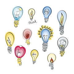 Vector set of light bulb icons with concept of idea. Doodle sign collection.
