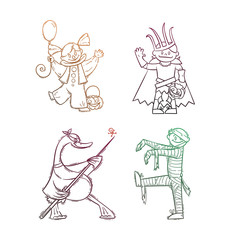 Set of kids in costumes for Halloween. Lich or russian King Koschey, Mummy, Clown, Goose.