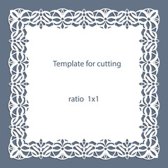 Greeting card with openwork border, paper doily under the cake, template for cutting, wedding invitation, decorative plate is laser cut, vector illustrations.