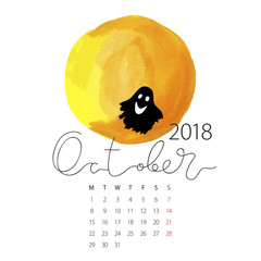 Calendar 2018. First day of the week is Monday. Abstract vector watercolor watermelon. Summer fruit template. Black ink lettering.