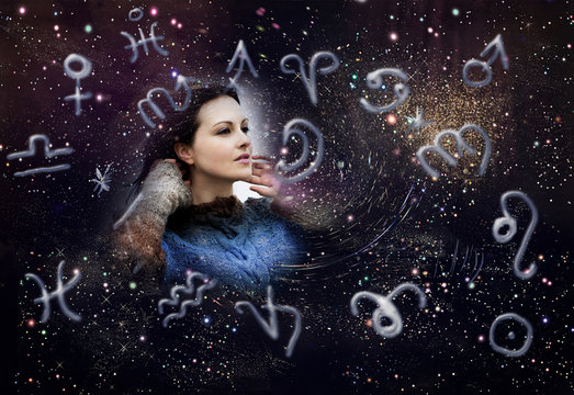 Woman, zodiac signs and planets