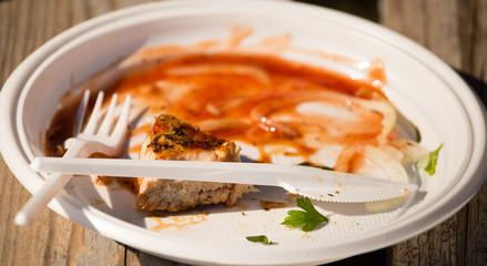 fried meat on coals in a plastic plate