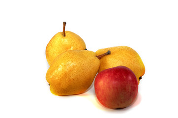 Three yellow pears and a red apple, isolate on a white background.
