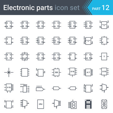 Complete vector set of electric and electronic circuit diagram symbols and elements - digital electronics, flip-flop, logic circuit, display, programming conventions